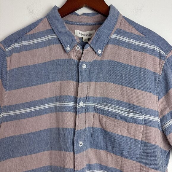 Madewell Button Down Shirt Large Double-Weave Perfect Short Sleeve Stripe Preppy - Picture 1 of 10